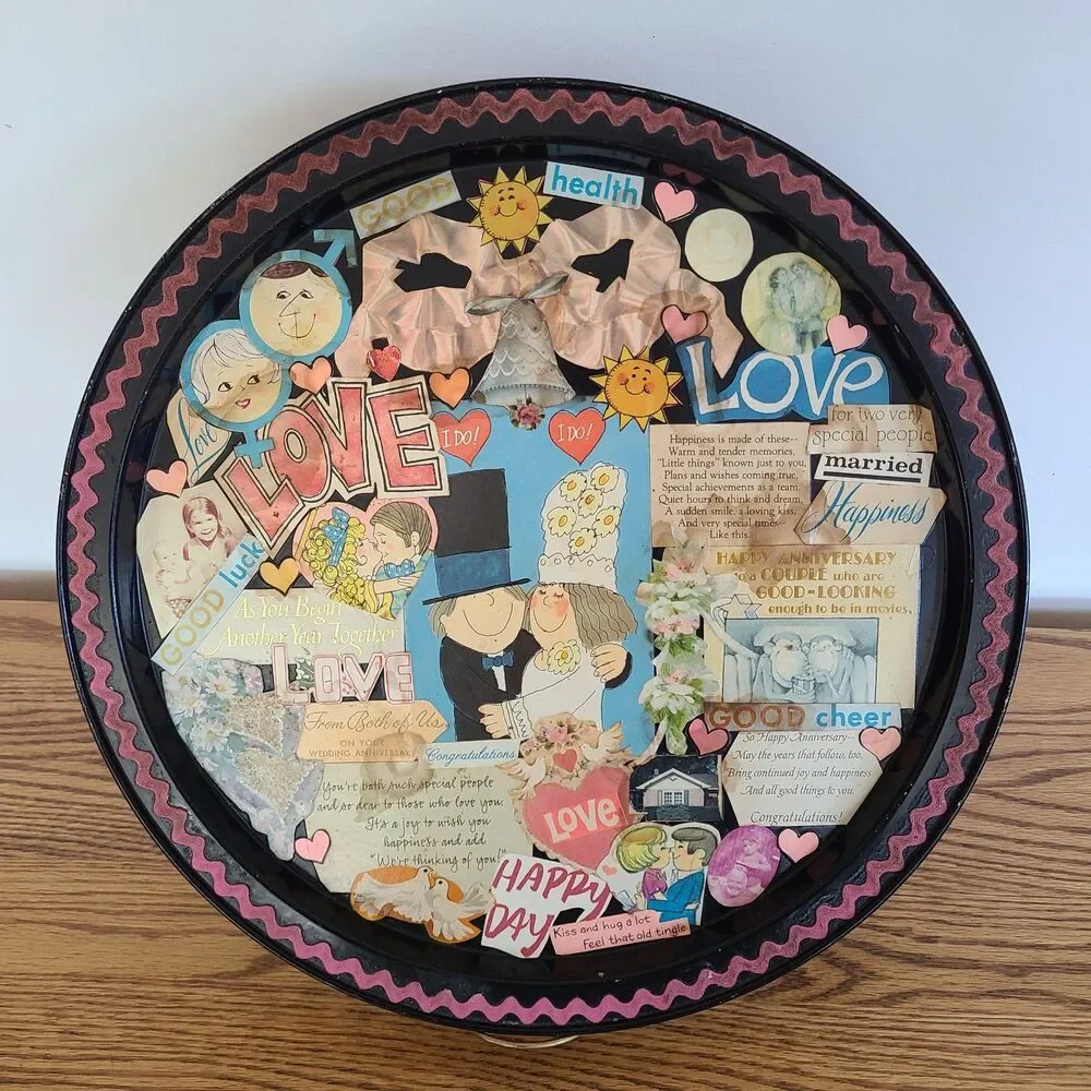 Vintage Decoupage Tray Paper Art Collage Celebrating Wedding Anniversary Love
